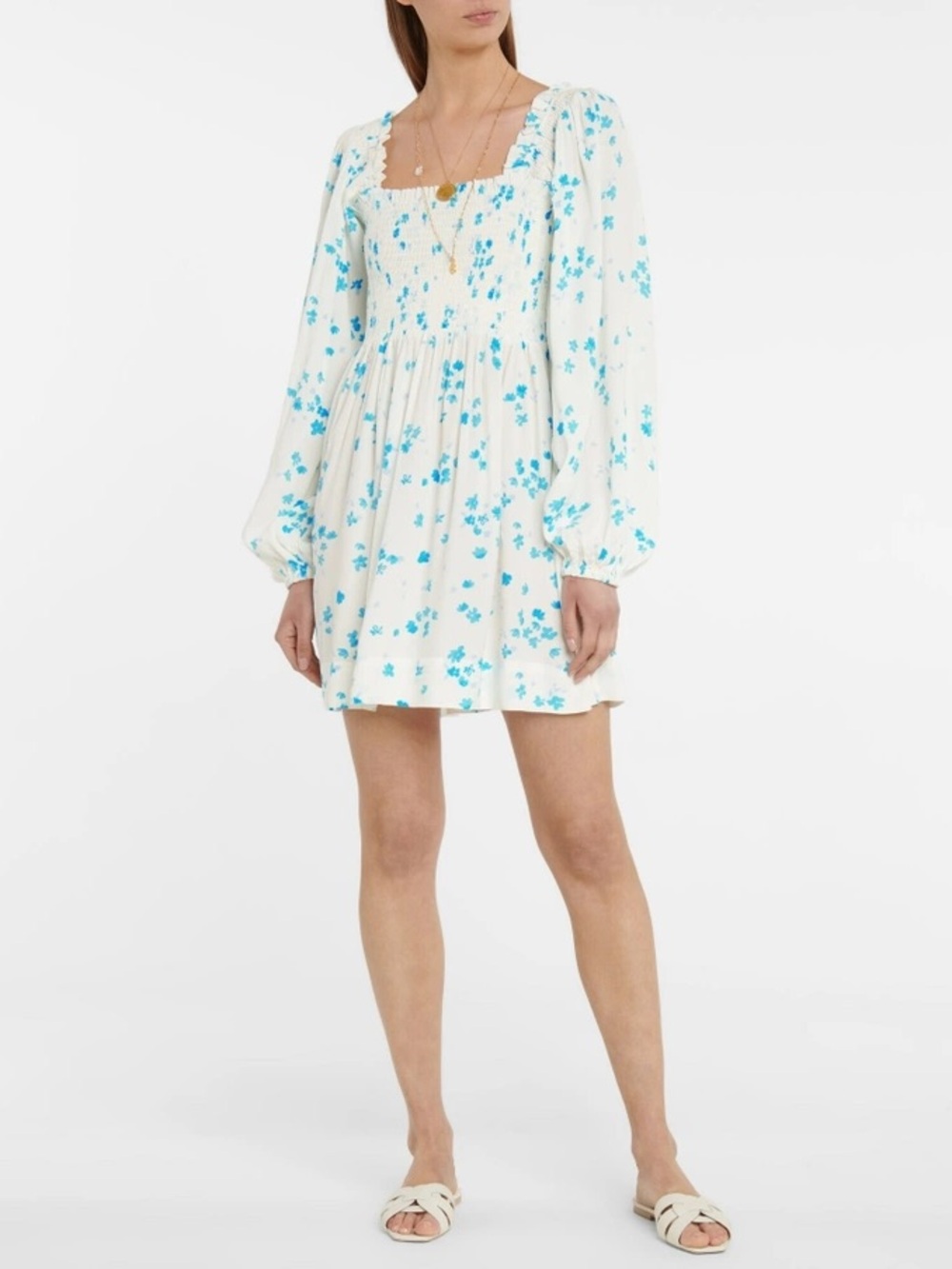 GANNI Floral Smocked Long Sleeve Mini Dress – White/Blue – EU 38 US 6